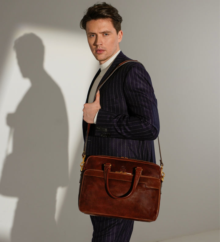 Bruine Leren Briefcase Laptoptas - ORLANDO