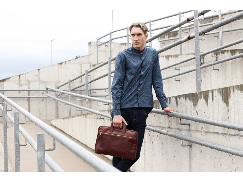 Bruin Lederen Aktetas Laptoptas - BRAVE NEW WORLD
