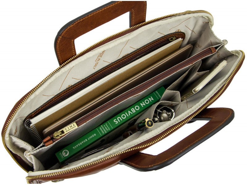 Bruin Lederen Aktetas Laptoptas - BRAVE NEW WORLD