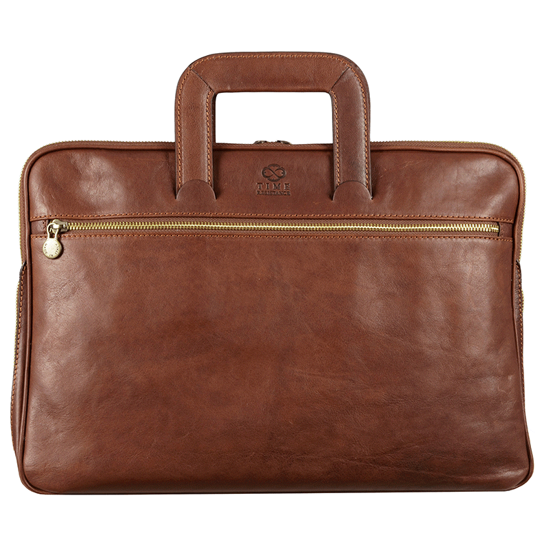 Bruin Lederen Aktetas Laptoptas - BRAVE NEW WORLD