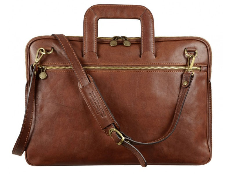 Bruin Lederen Aktetas Laptoptas - BRAVE NEW WORLD