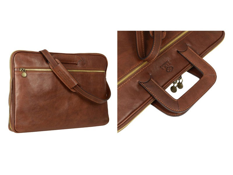 Bruin Lederen Aktetas Laptoptas - BRAVE NEW WORLD