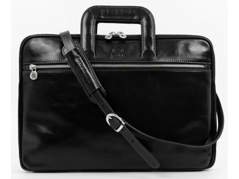 Zwart Lederen Aktetas, Laptoptas- BRAVE NEW WORLD