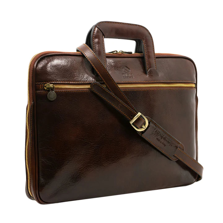 Donker Bruin Lederen Aktetas, Laptoptas- BRAVE NEW WORLD